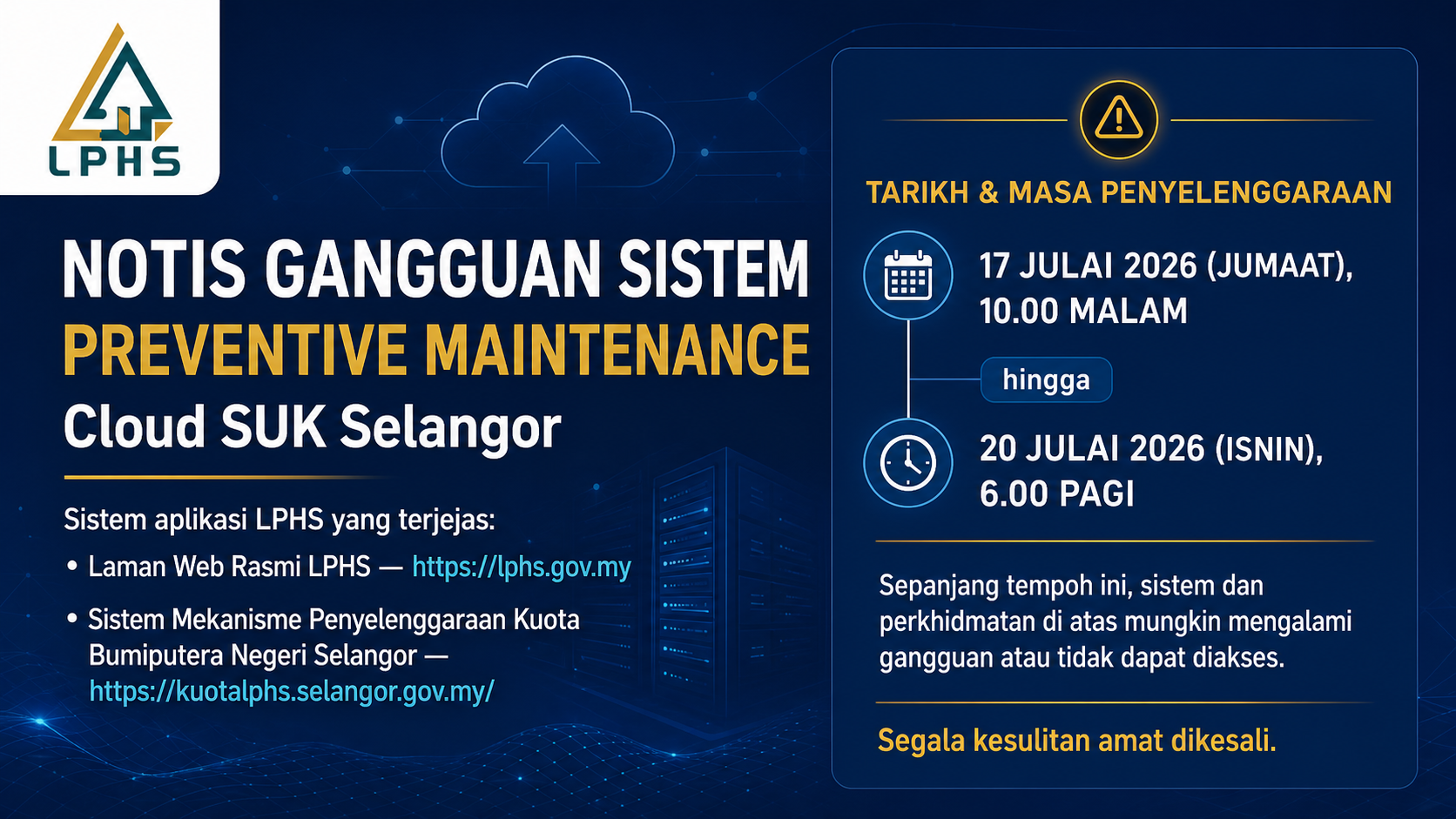 Notis Gangguan Sistem Preventive Maintenance Cloud SUK Selangor — 17 Jul 2026 10:00 malam hingga 20 Jul 2026 6:00 pagi. Sistem terjejas: lphs.gov.my dan kuotalphs.selangor.gov.my