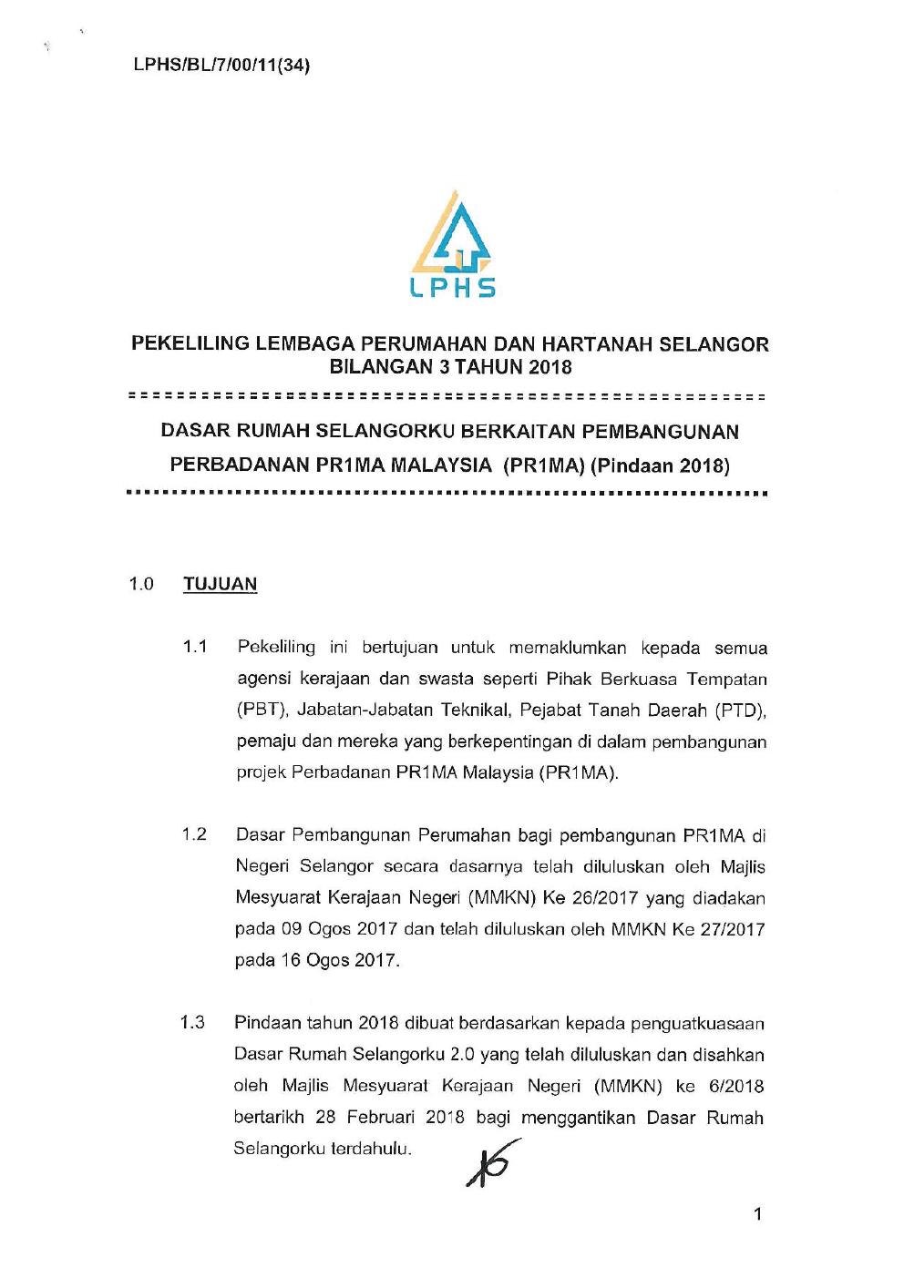 Pekeliling Bilangan 3 Tahun 2018 : Dasar Rumah Selangorku Berkaitan Pembangunan Perbadanan PR1MA Malaysia (PR1MA) (Pindaan 2018)