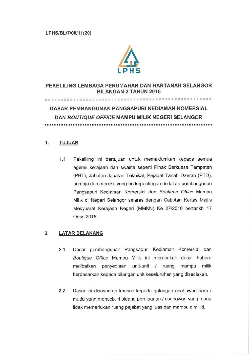 Dasar Pembangunan Pangsapuri Kediaman Komersial dan Boutique Office Mampu Milik Negeri Selangor